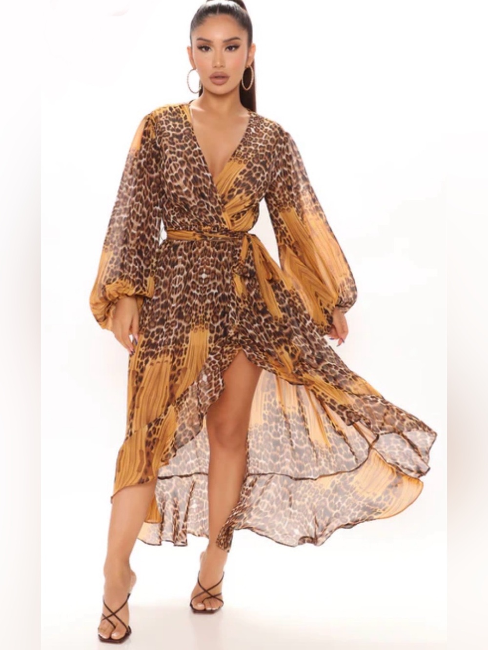 Fashion Nova Mustard Brown Leopard Wrap High-Low Maxi Dress
